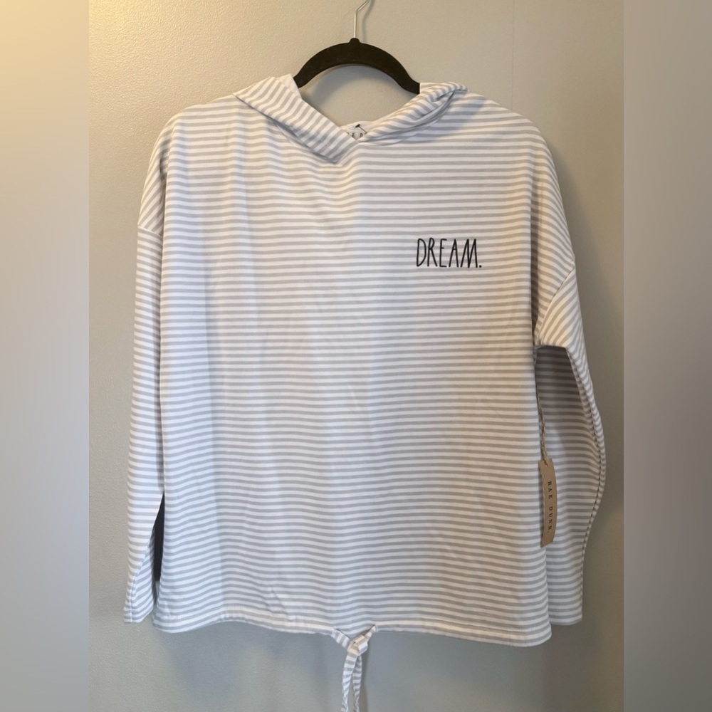 Rae Dunn Casual White and Gray Striped "DREAM" Hoodie Vacation Travel